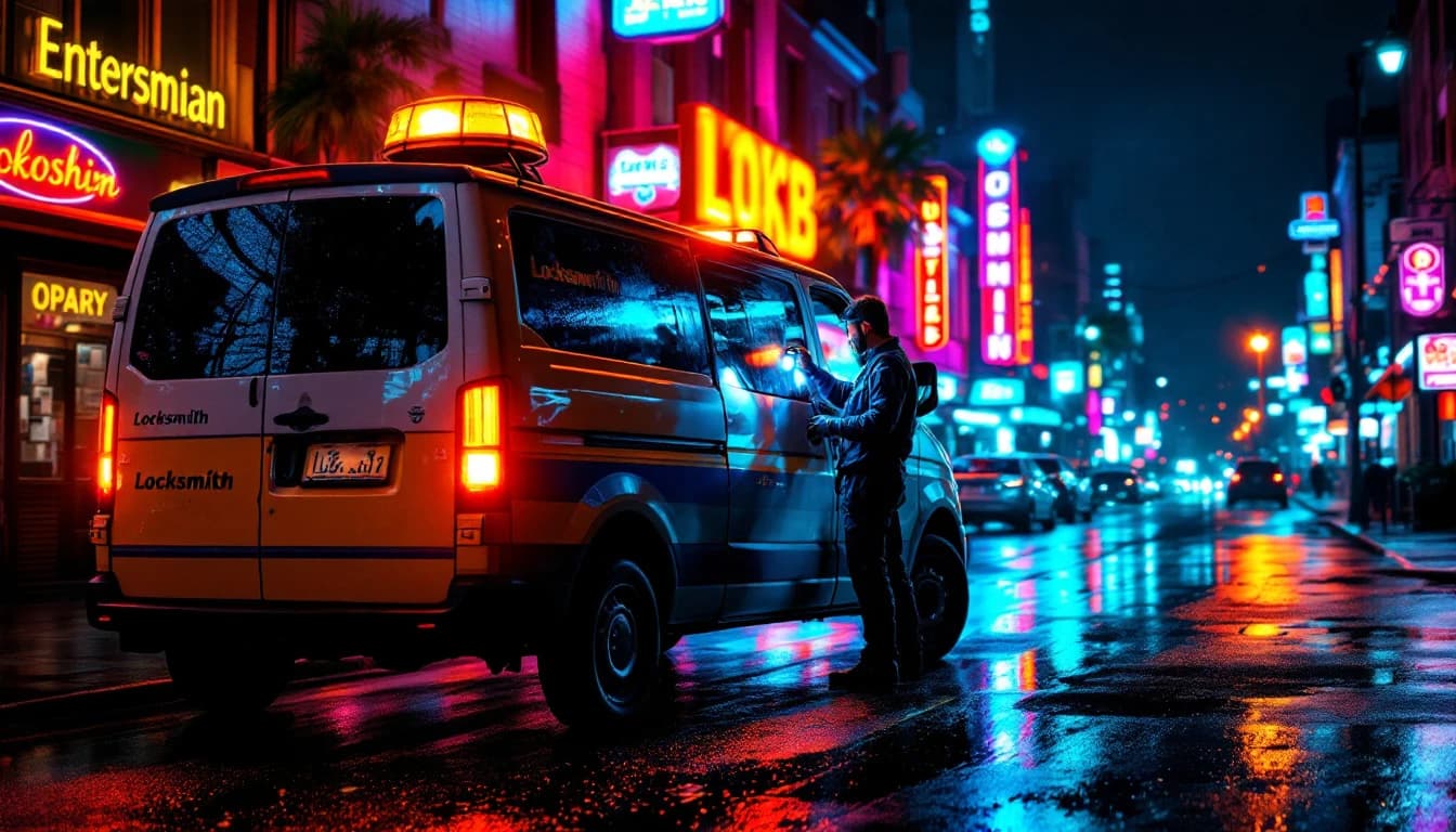 Unidad móvil de cerrajero automotriz trabajando de noche en un estacionamiento de Arlington TX