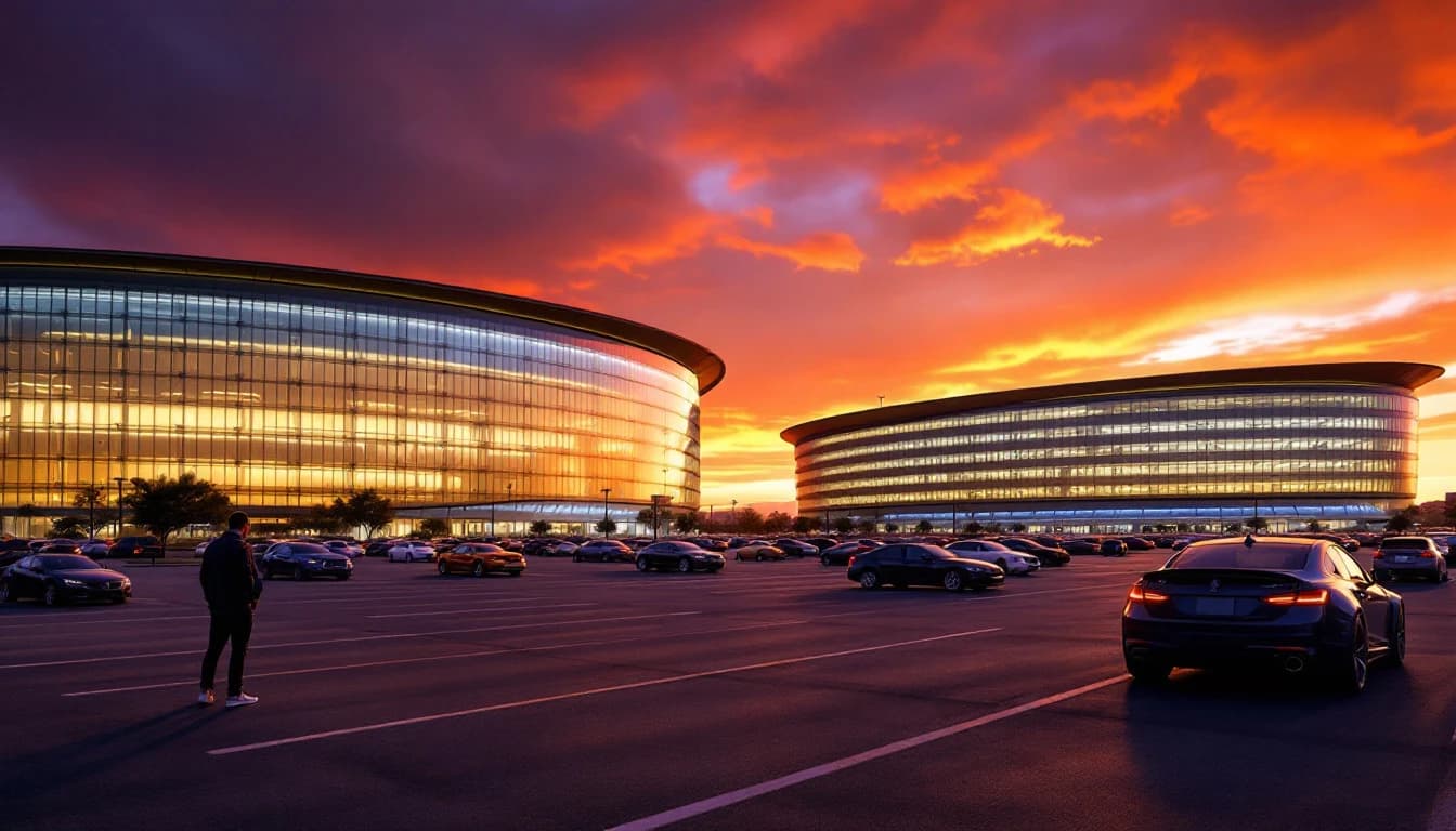 Estacionamientos del distrito de entretenimiento de Arlington TX al atardecer con estadios al fondo
