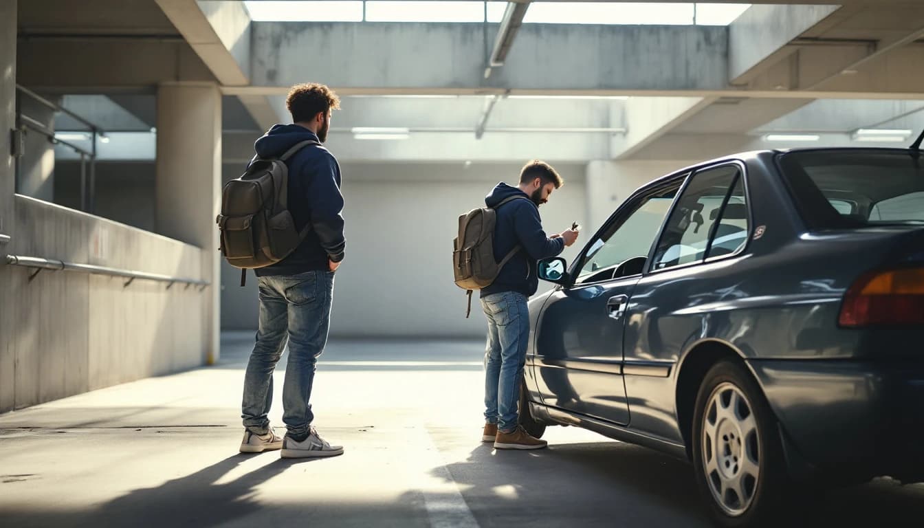 Estudiante de UTA frente a su auto en un estacionamiento del campus en Arlington TX — llave de auto perdida