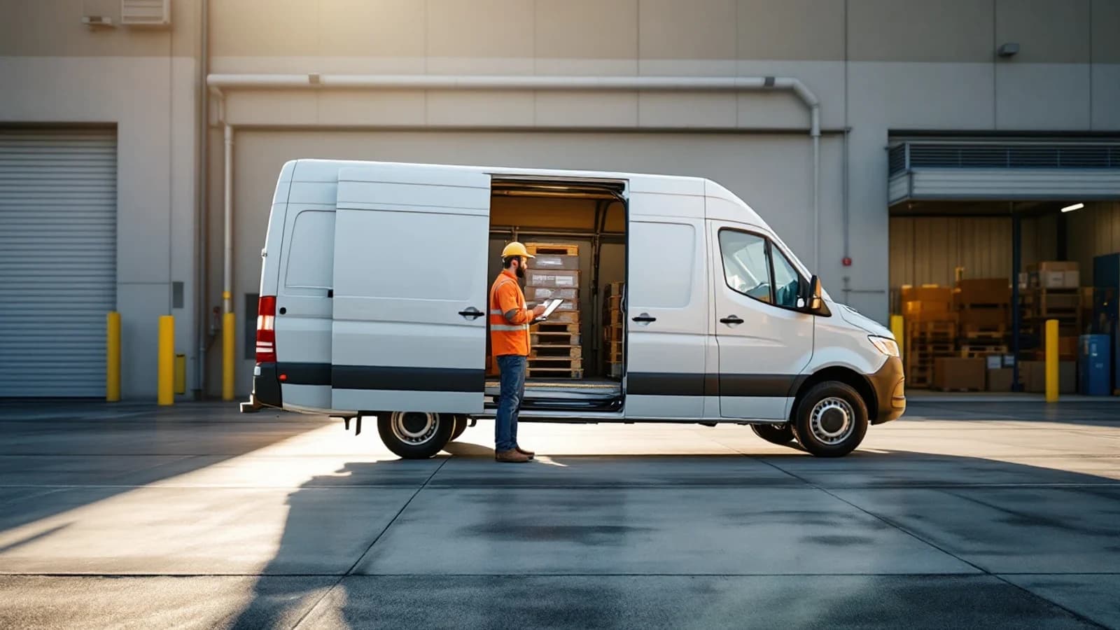 Van Mercedes-Benz Sprinter blanca de reparto estacionada junto a la I-20 en Arlington mientras un cerrajero prepara una llave de repuesto