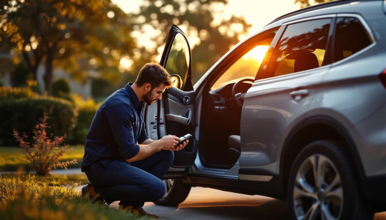 Chevrolet Traverse familiar en la entrada de una casa de Arlington mientras un cerrajero móvil programa una llave de repuesto