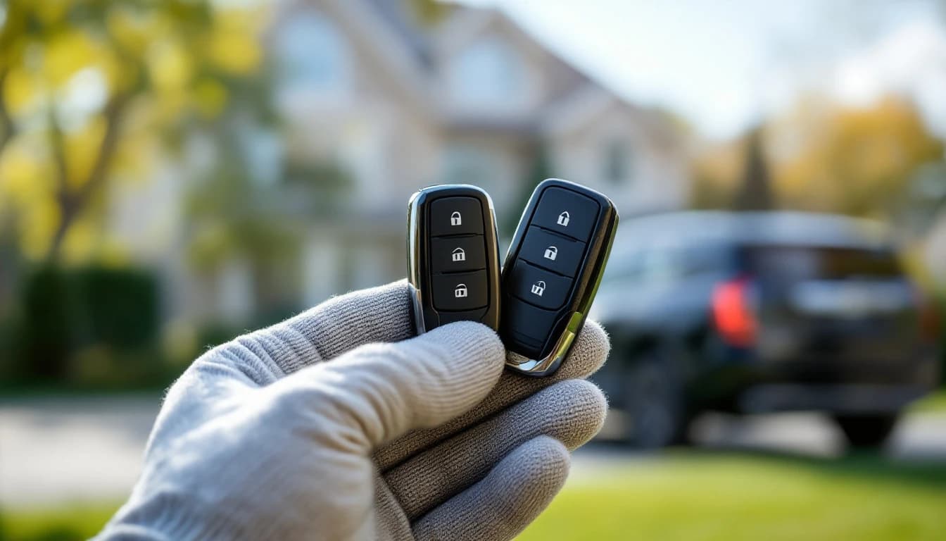Dodge Durango de tres filas estacionada en una entrada de casa en Arlington mientras se programa una llave de repuesto