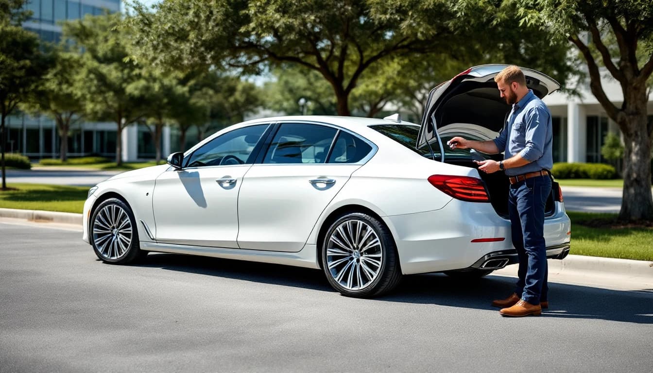 Llavero de proximidad de un Lexus ES 350 con la lámina mecánica de emergencia extraída, sobre el asiento del vehículo en Arlington