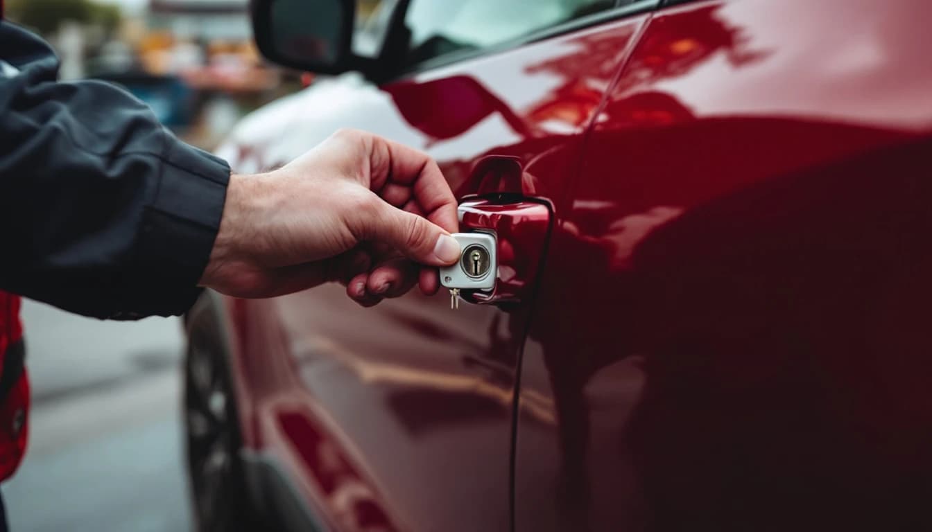 Manija de la puerta del conductor de un Mazda CX-5 con la tapa retirada mostrando la cerradura mecánica oculta