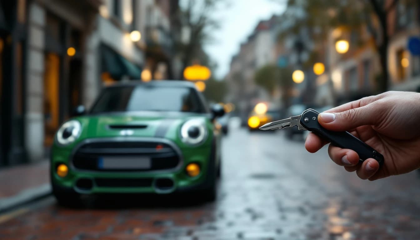 MINI Cooper compacto estacionado frente a un edificio en Arlington mientras un técnico prepara una llave de repuesto