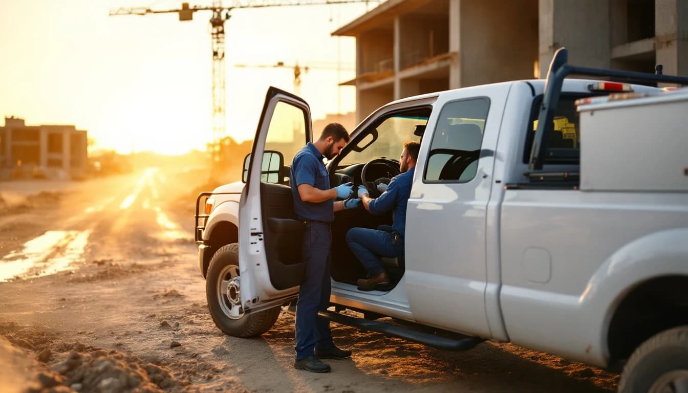 RAM 2500 Heavy Duty con remolque gooseneck en un patio de trabajo en Arlington mientras se programa una llave de repuesto