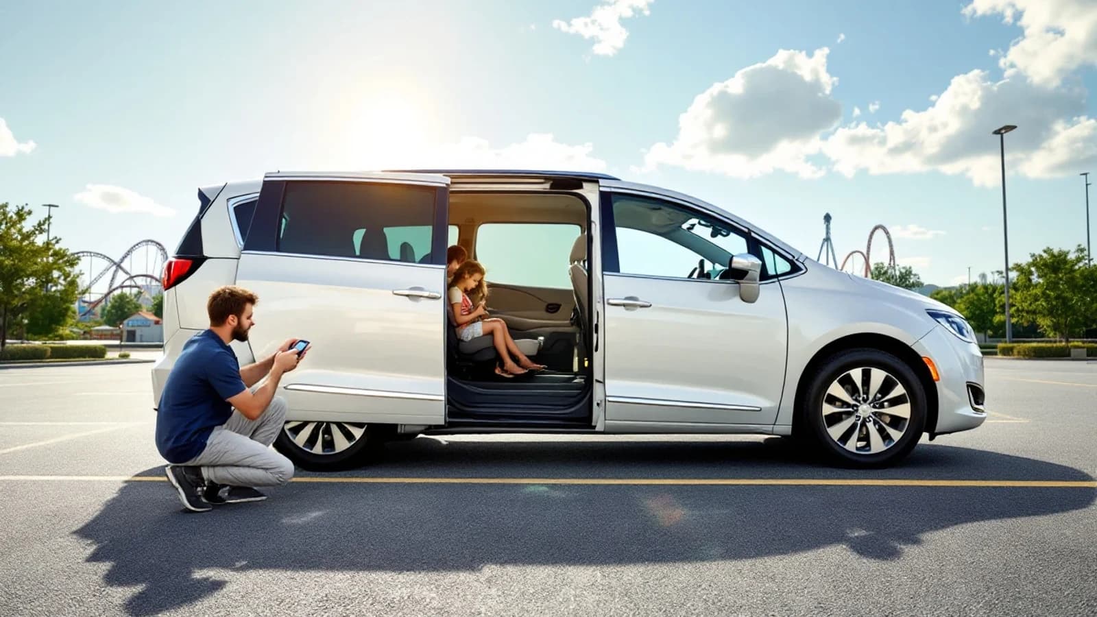 Toyota Sienna familiar estacionada cerca de Six Flags en Arlington mientras un cerrajero programa una smart key de repuesto