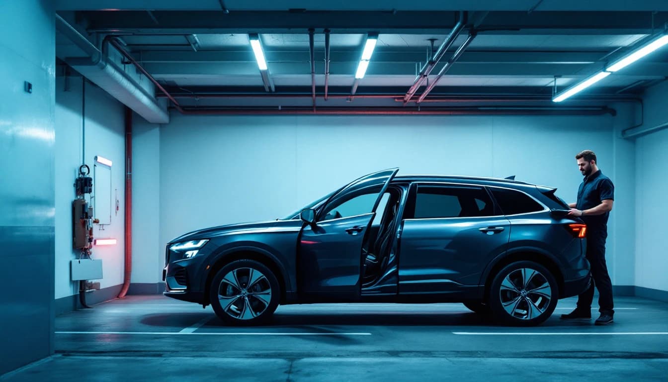 Llave flip de Volkswagen Tiguan con la lámina desplegada junto al vehículo estacionado en Arlington