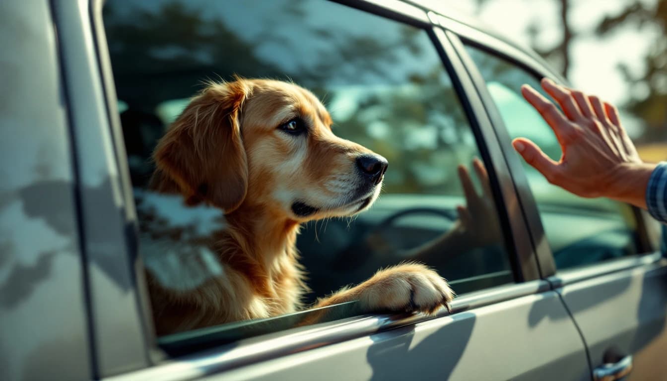 Perro esperando dentro de un auto estacionado mientras un técnico se acerca a ayudar en Arlington TX