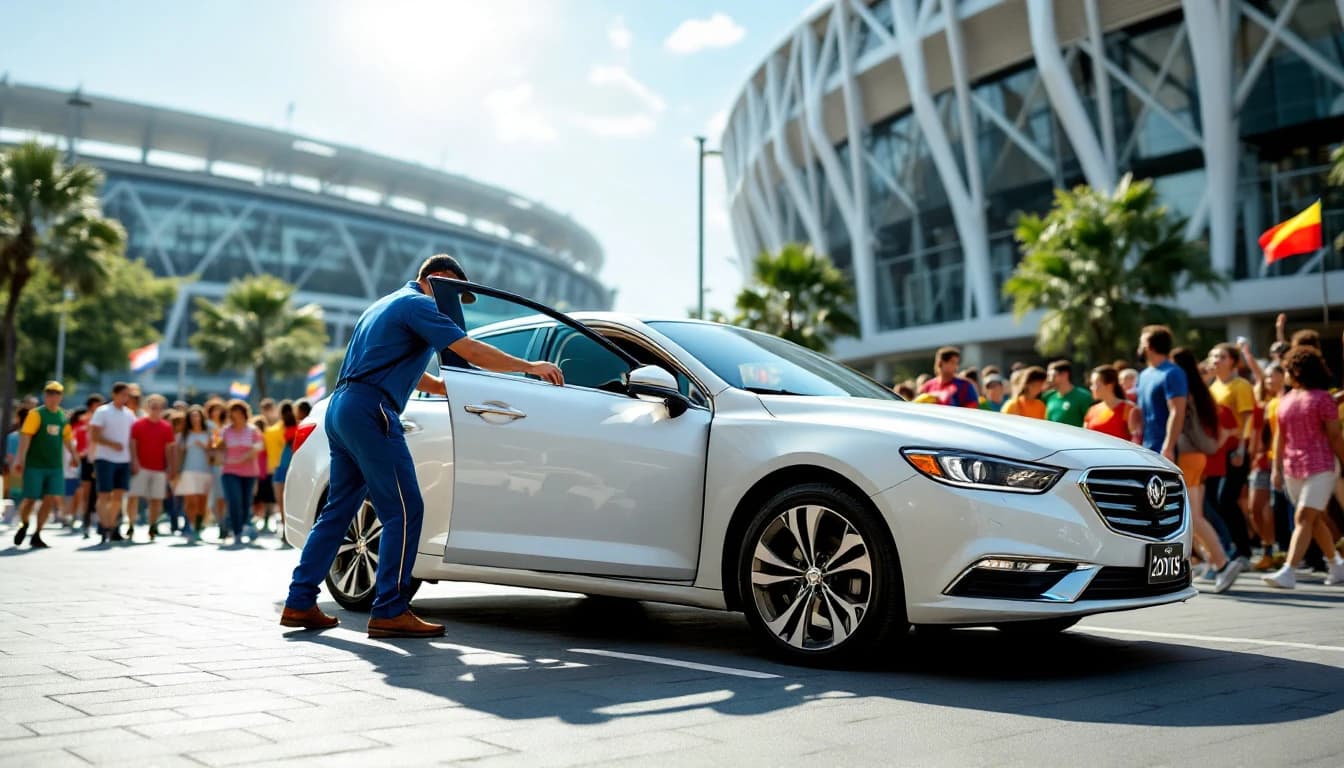 Aficionado del Mundial 2026 junto a un auto rentado en Arlington — Cerrajero Arlington TX