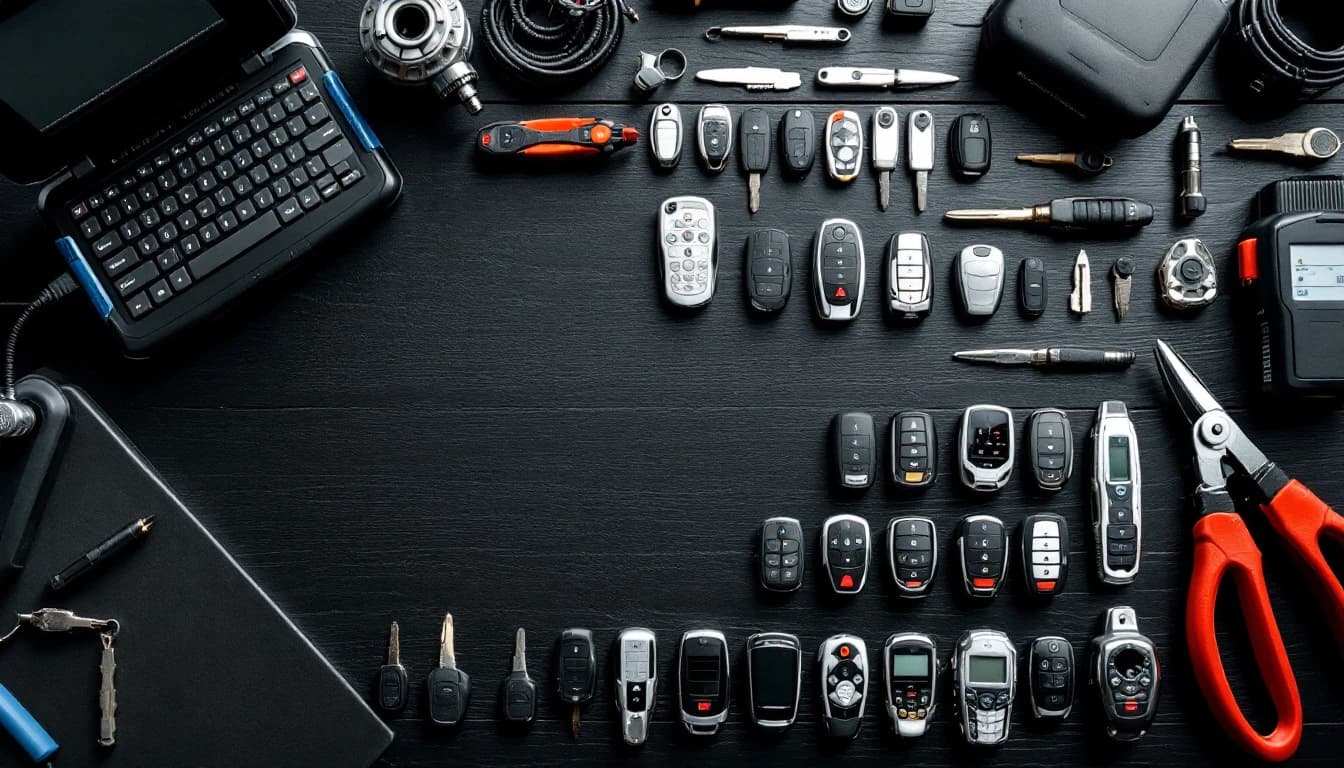 Llaves de distintas marcas de automóvil sobre una mesa de trabajo de un cerrajero móvil en Arlington