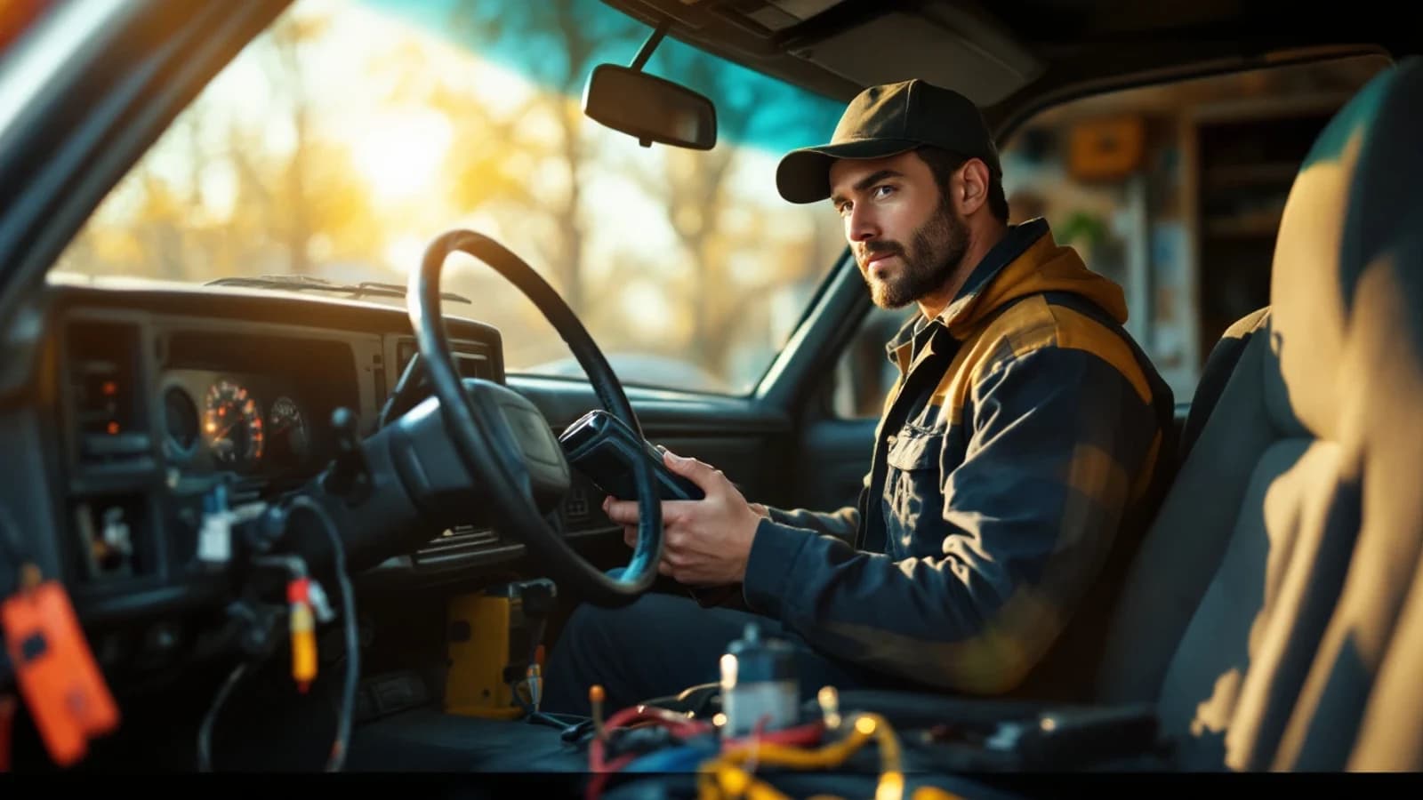Camioneta Chevrolet clásica de flotilla en Arlington con la luz de seguridad del tablero encendida mientras un cerrajero automotriz diagnostica el sistema antirrobo
