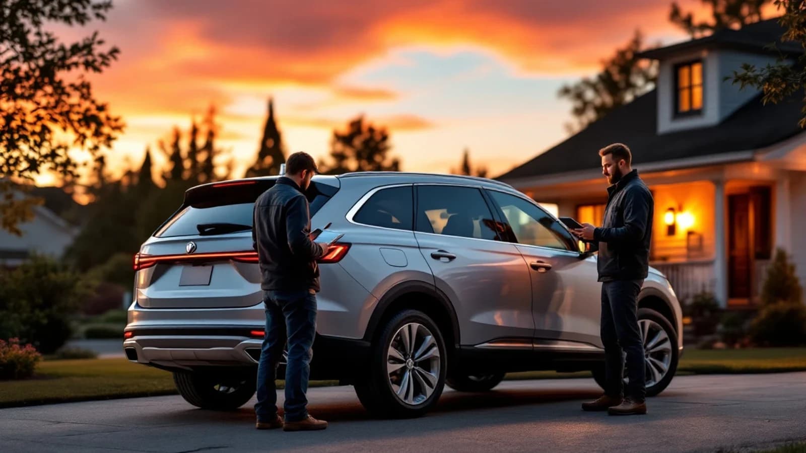 Volkswagen Atlas azul estacionado en Arlington mientras un cerrajero móvil trabaja con equipo de diagnóstico en la llave