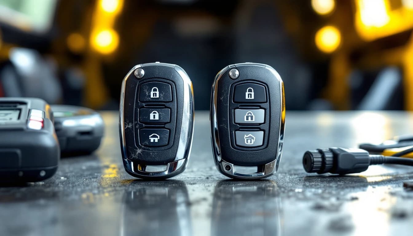 Fob de llave usado junto a equipo de programación de cerrajero automotriz en Arlington TX