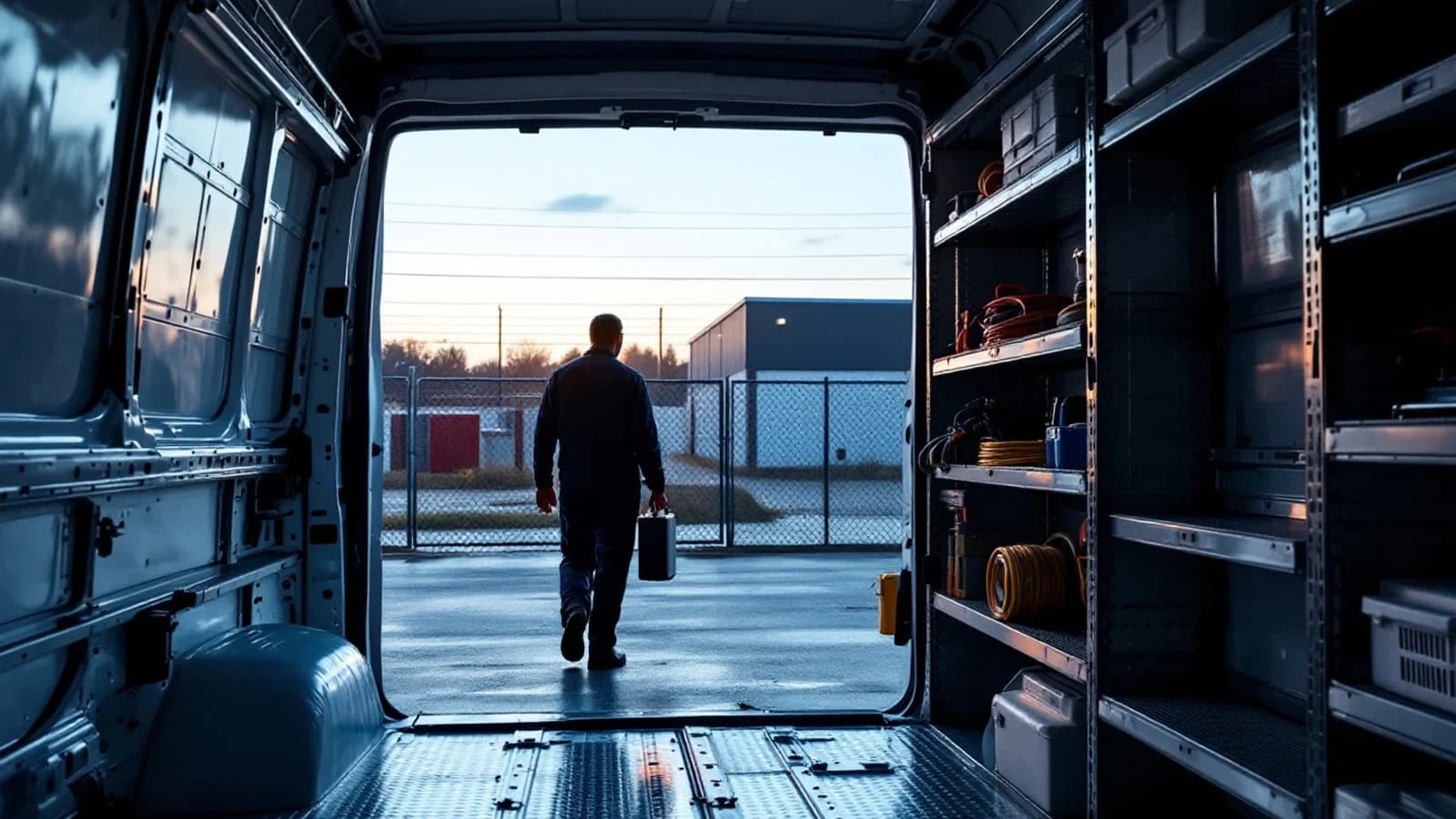 Ford Transit blanca de trabajo estacionada en un parque industrial de Arlington mientras un cerrajero móvil atiende el encendido