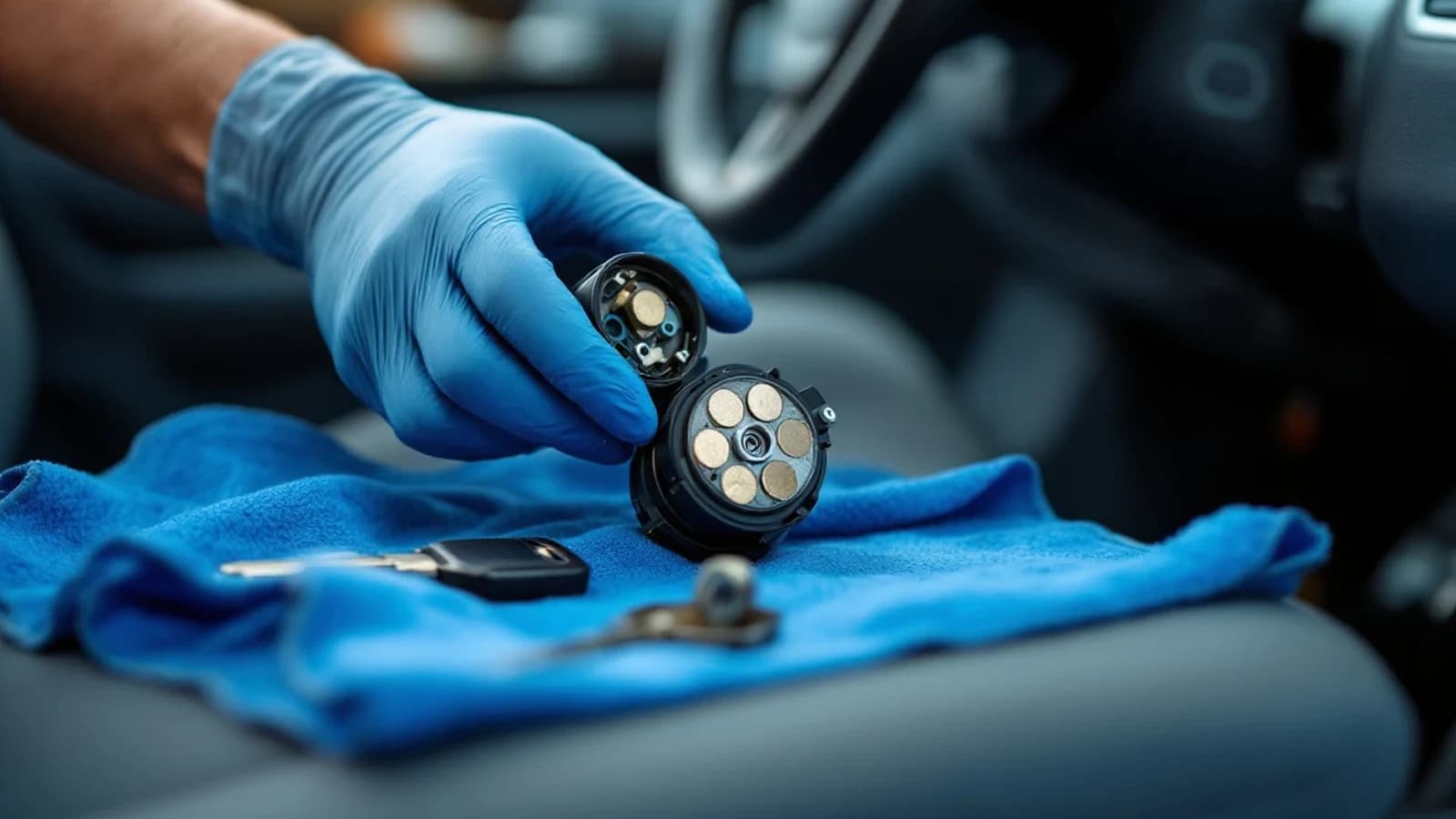 Honda Odyssey plateada estacionada en Arlington mientras un cerrajero móvil inspecciona el cilindro de ignición desde el asiento del conductor