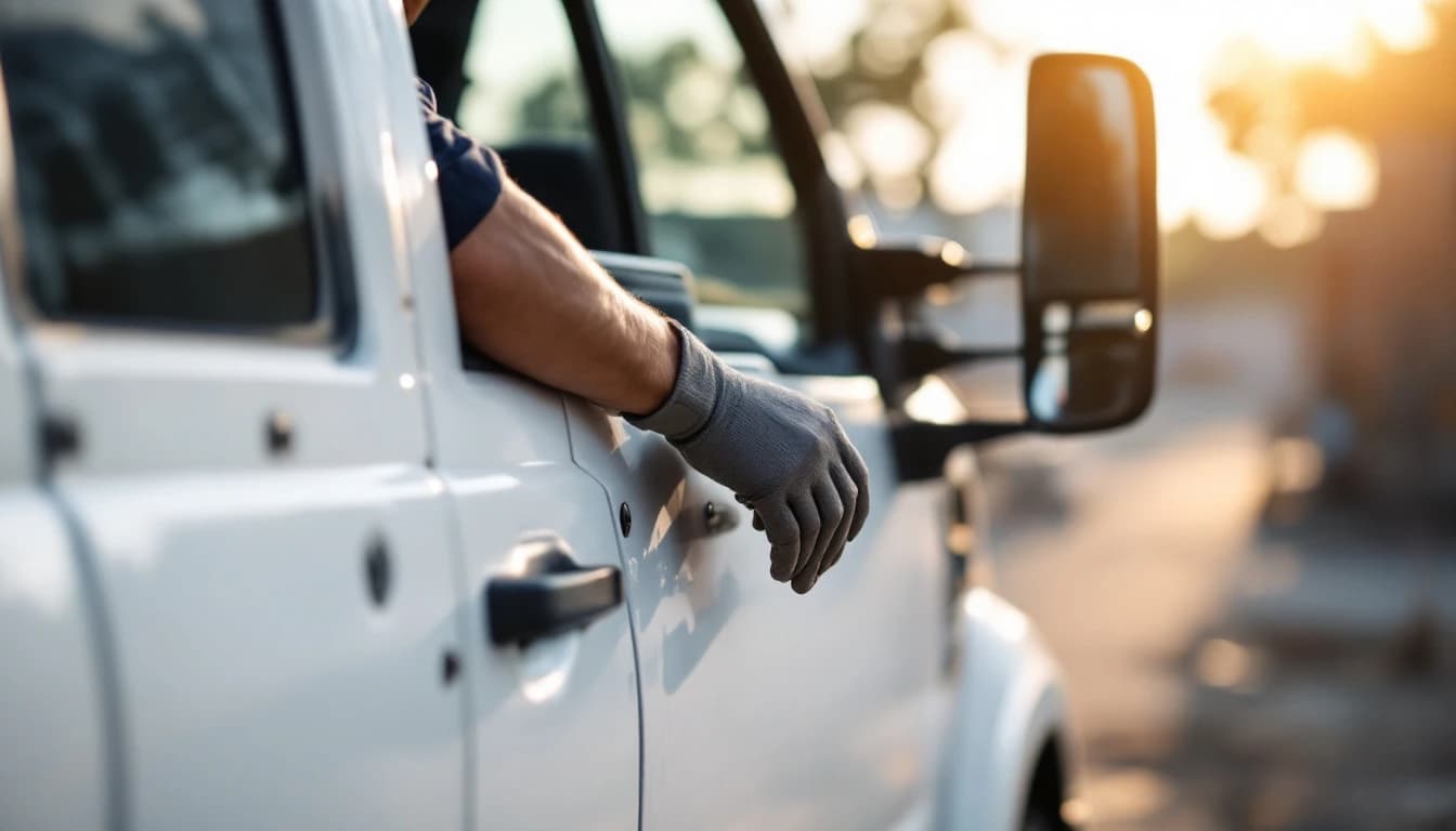 Ford F-250 Super Duty de trabajo estacionada en un sitio de construcción en Arlington mientras un cerrajero repara la ignición