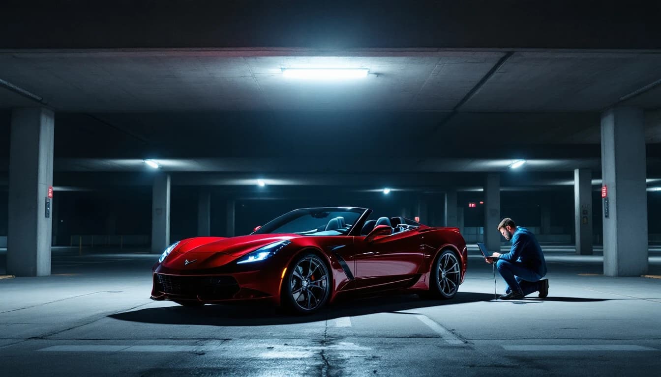 Chevrolet Corvette C8 estacionado de noche en Arlington mientras un cerrajero prepara equipo para originar una llave nueva