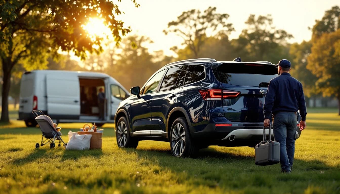 Kia Telluride familiar estacionada en un centro comercial de Arlington mientras un técnico programa una smart key nueva