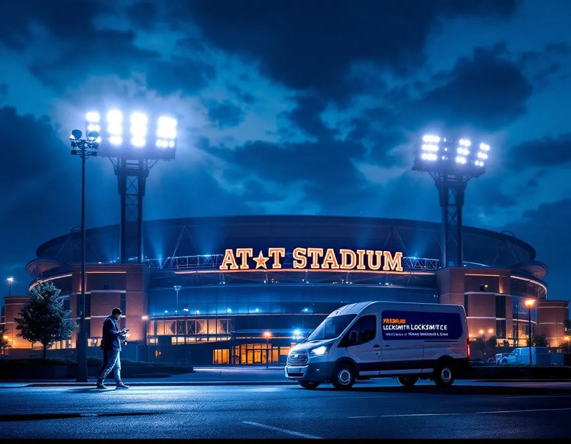 Cerrajero de emergencia operando cerca de AT&T Stadium en Arlington TX durante la noche con luces del estadio iluminadas